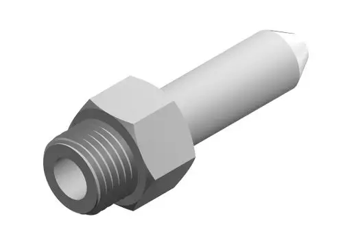 Gasdüse mit einem zylindrischen Körper und Gewindeansatz, hergestellt von Bosch. Der konisch zulaufende Teil ist für die Gasdurchleitung vorgesehen.